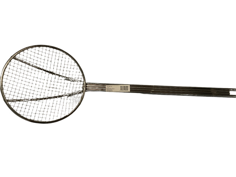 A stainless steel skimmer with a long handle and a fine mesh head.