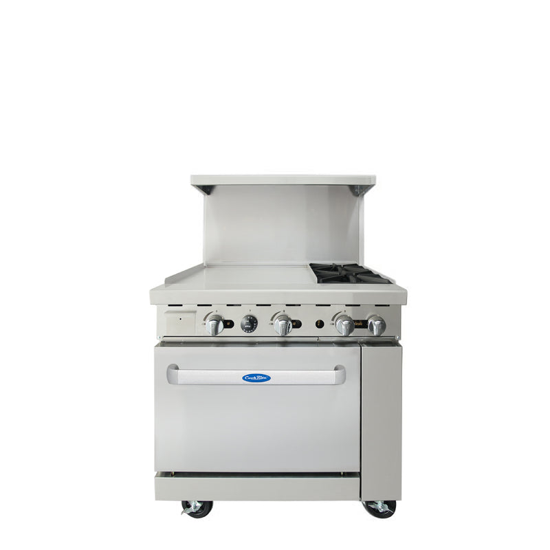 36" Range (2) Burners and 24" Left Griddle with (1) 26" 1/2 Wide Oven