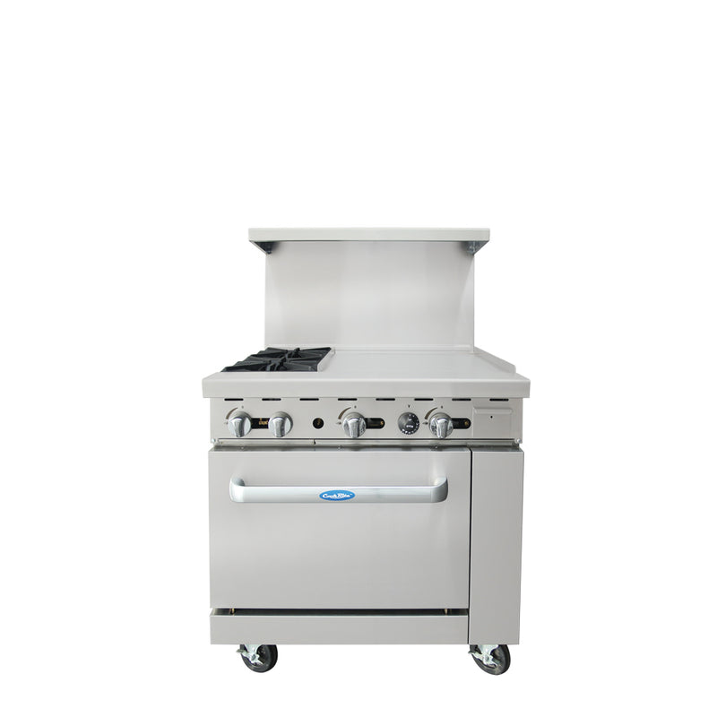 36" Range (2) Burners and 24" Right Griddle with (1) 26" 1/2 Wide Oven