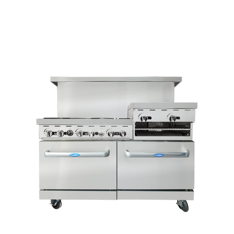 60" Range (6) Burners and 24" Raised Right Griddle with (2) 26" 1/2 Wide Ovens