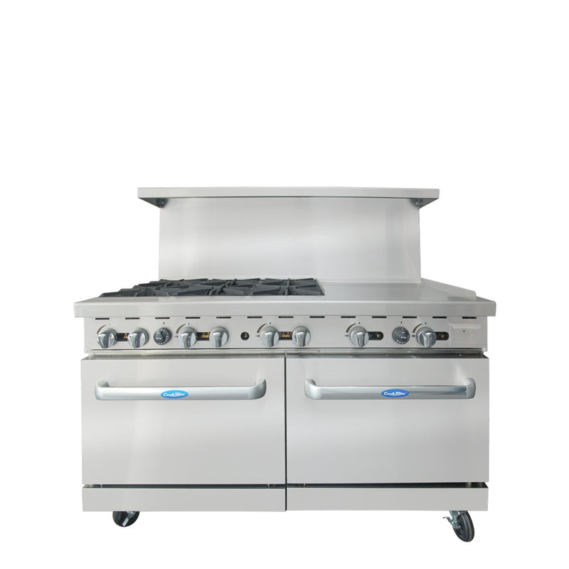 60" Gas Range (6) Burners and 24" Griddle on the RIGHT with (2) 26" 1/2 Wide Ovens, 4 Oven Racks (Castors Included)