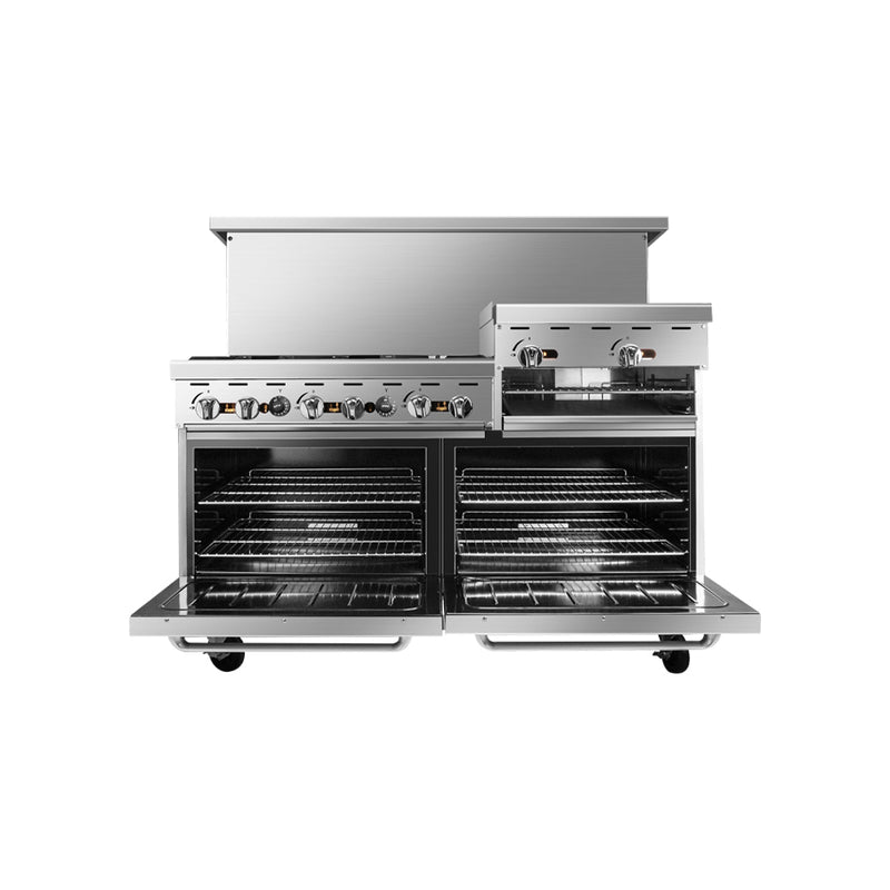 60" Range (6) Burners and 24" Raised Right Griddle with (2) 26" 1/2 Wide Ovens