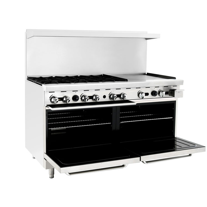 60" Gas Range (6) Burners and 24" Griddle on the RIGHT with (2) 26" 1/2 Wide Ovens, 4 Oven Racks (Castors Included)
